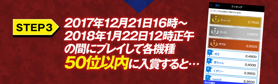 STEP3　2017年12月21日午後16時〜2018年1月22日午後12時の間にプレイして各機種50位以内に入賞すると…
