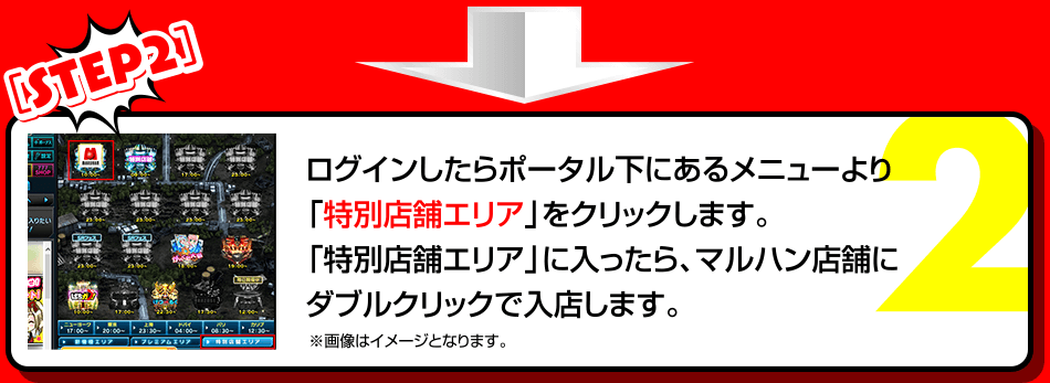 ［STEP2］ログインしたらポータル下にあるメニューより「特別店舗エリア」をクリックします。「特別店舗エリア」に入ったら、マルハン店舗にダブルクリックで入店します。※画像はイメージとなります。